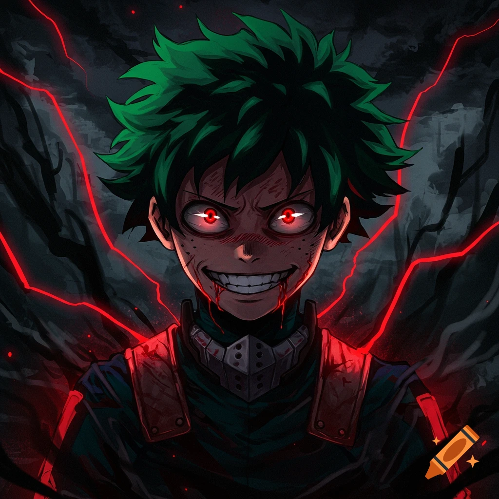 A villainous anime character with glowing red eyes, a wide grin, and blood, set against a dark, dramatic background.