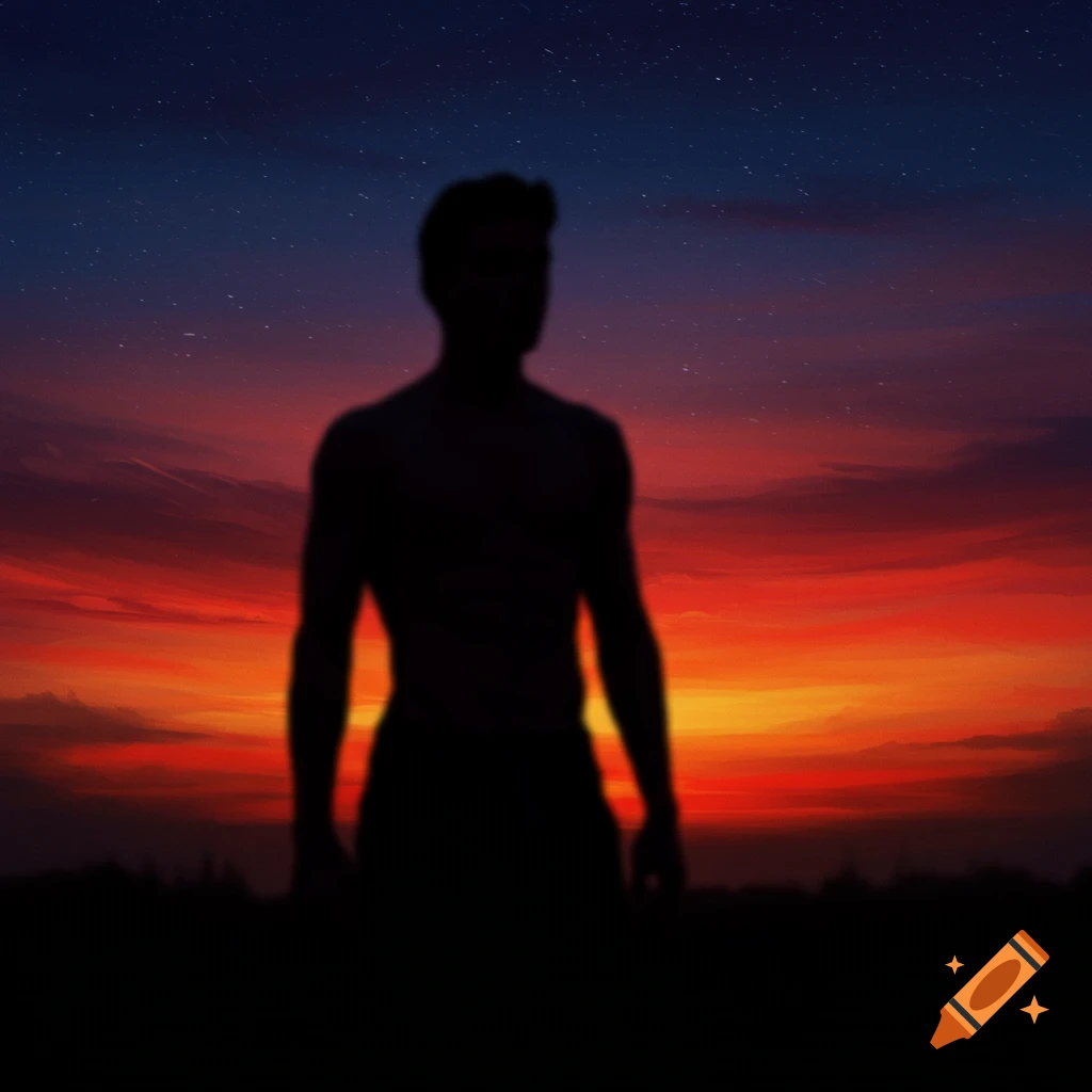 Muscular male silhouette against a fiery sunset and starry sky