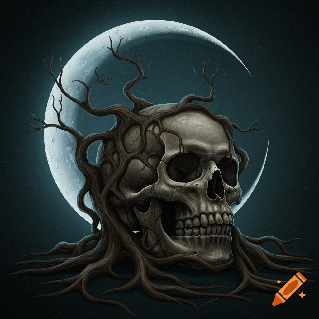 A skull wrapped in roots is positioned against a crescent moon