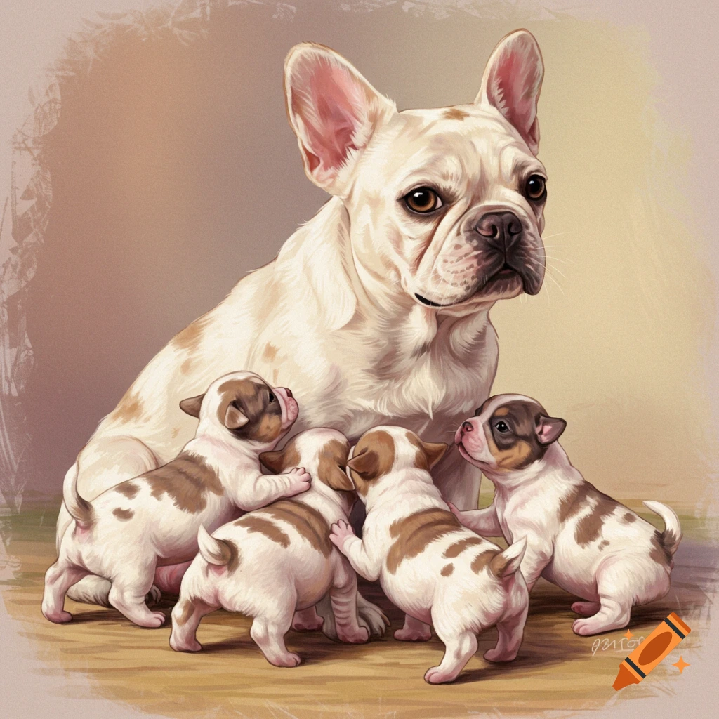 A cream French bulldog with several puppies huddled around her.