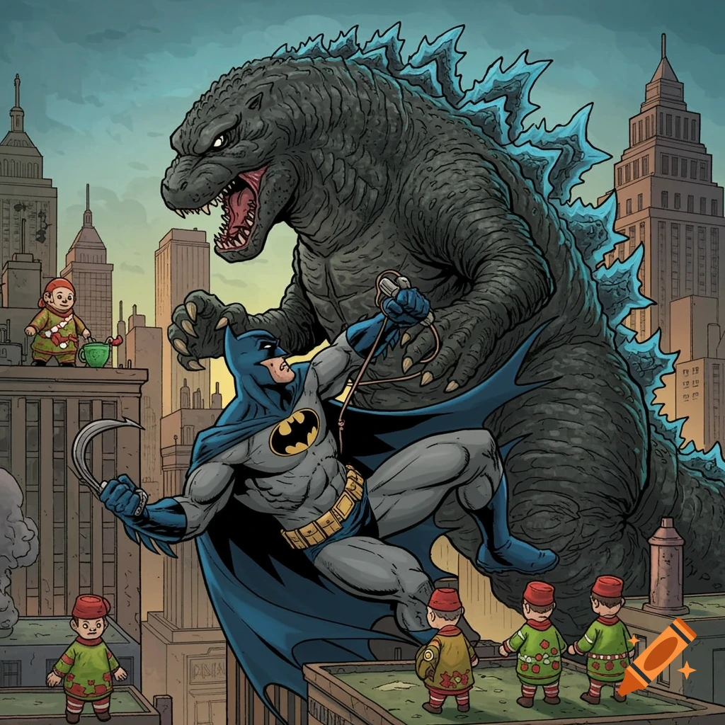 Comic art of Batman fighting Godzilla on a rooftop in a city, with small figures watching.