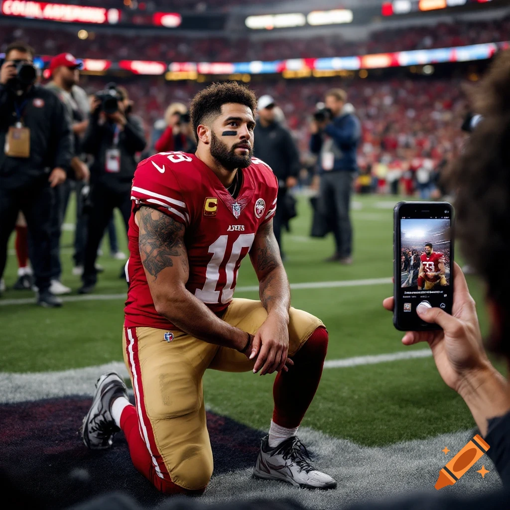 Football player in red 49ers uniform kneels on field while being photographed.