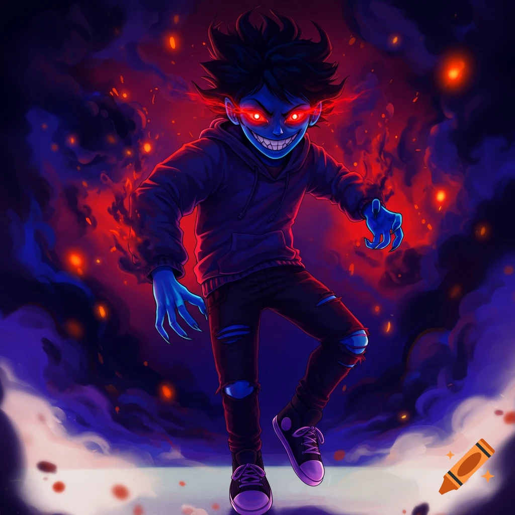 Digital illustration of a dark figure with red eyes, blue skin, and sharp fingers standing in smoky red and blue light.