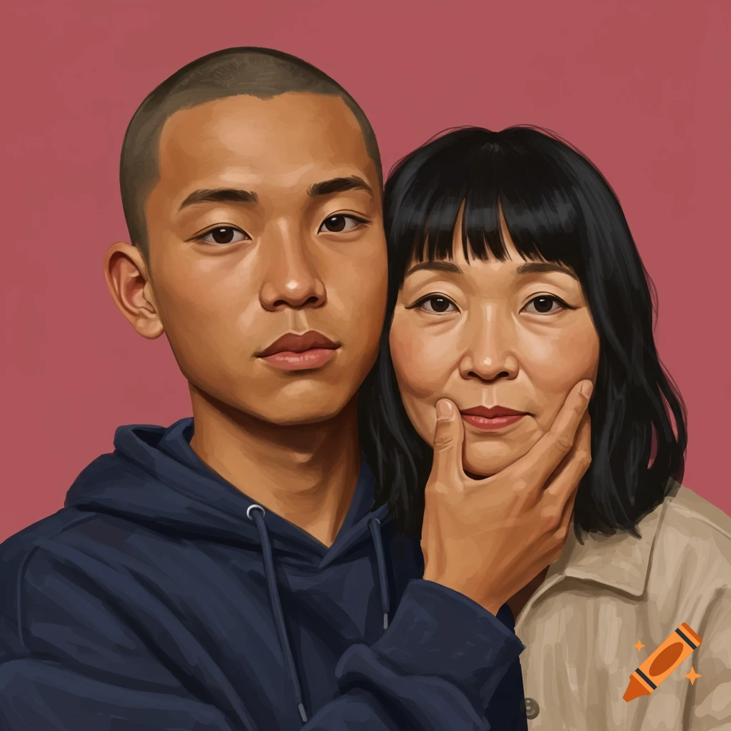 A young man holds the face of an older woman in a portrait.