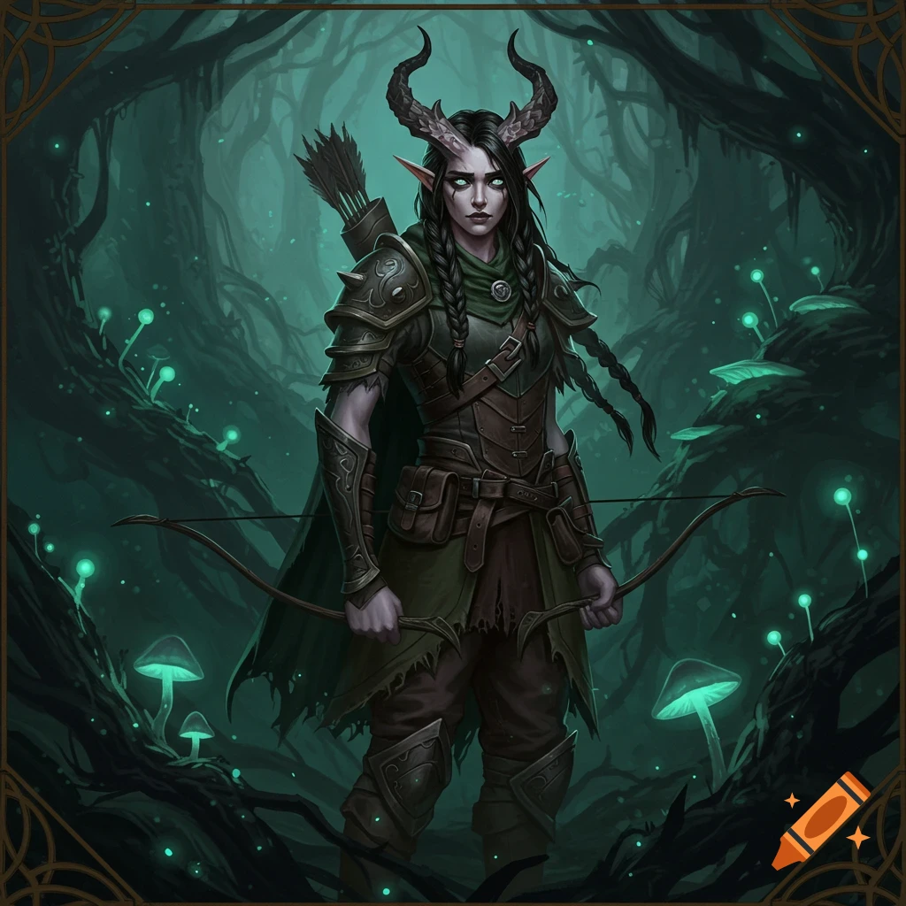 Fantasy character with horns, armor, bow, and arrows in a dark, glowing forest