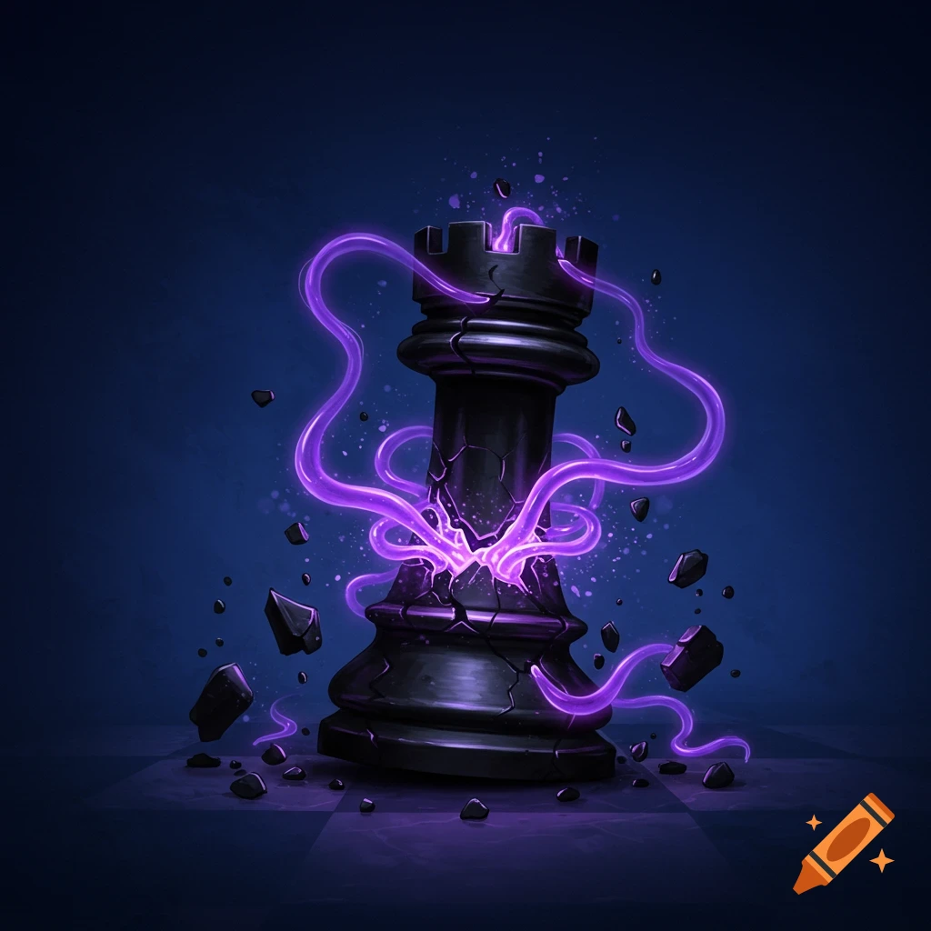 A shattered black chess rook being pulled back together by glowing purple tendrils on a checkerboard.