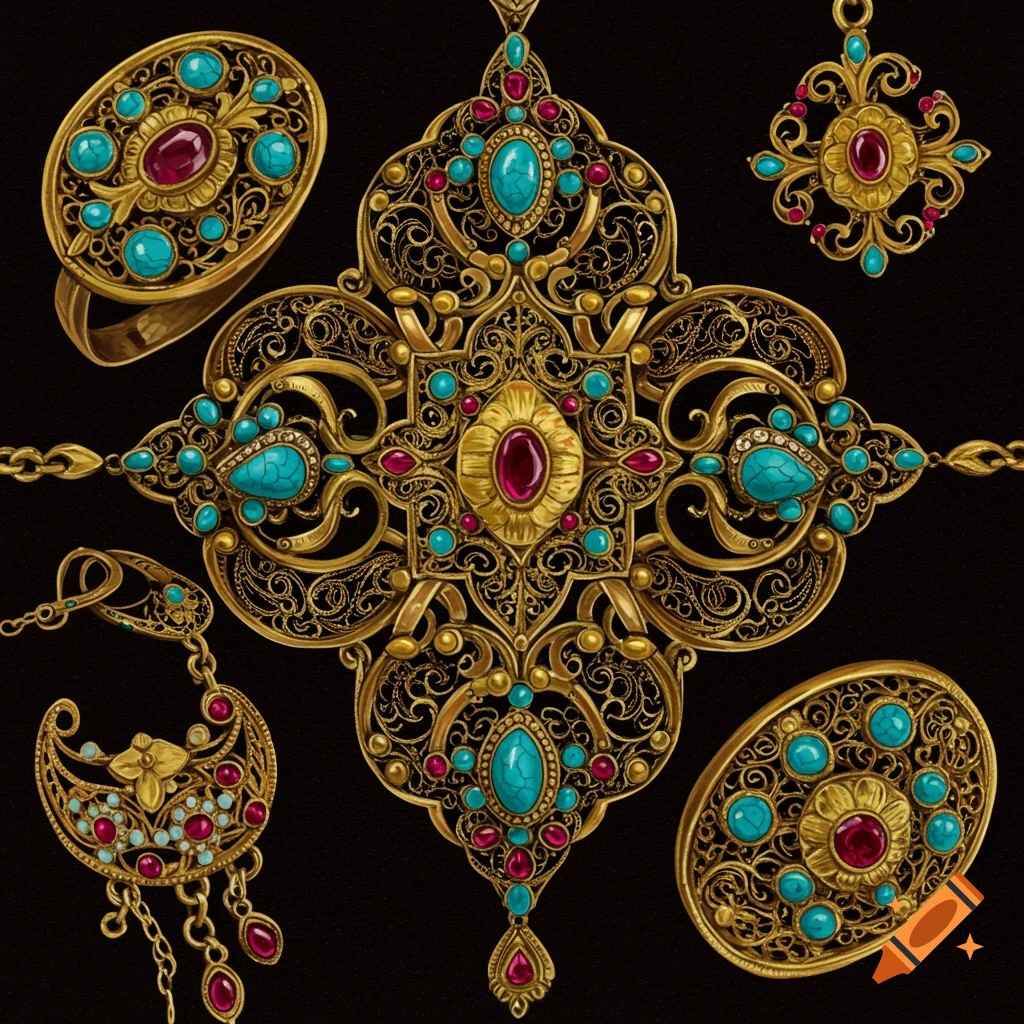 Intricate gold jewelry with turquoise and red gems and filigree detail on black background