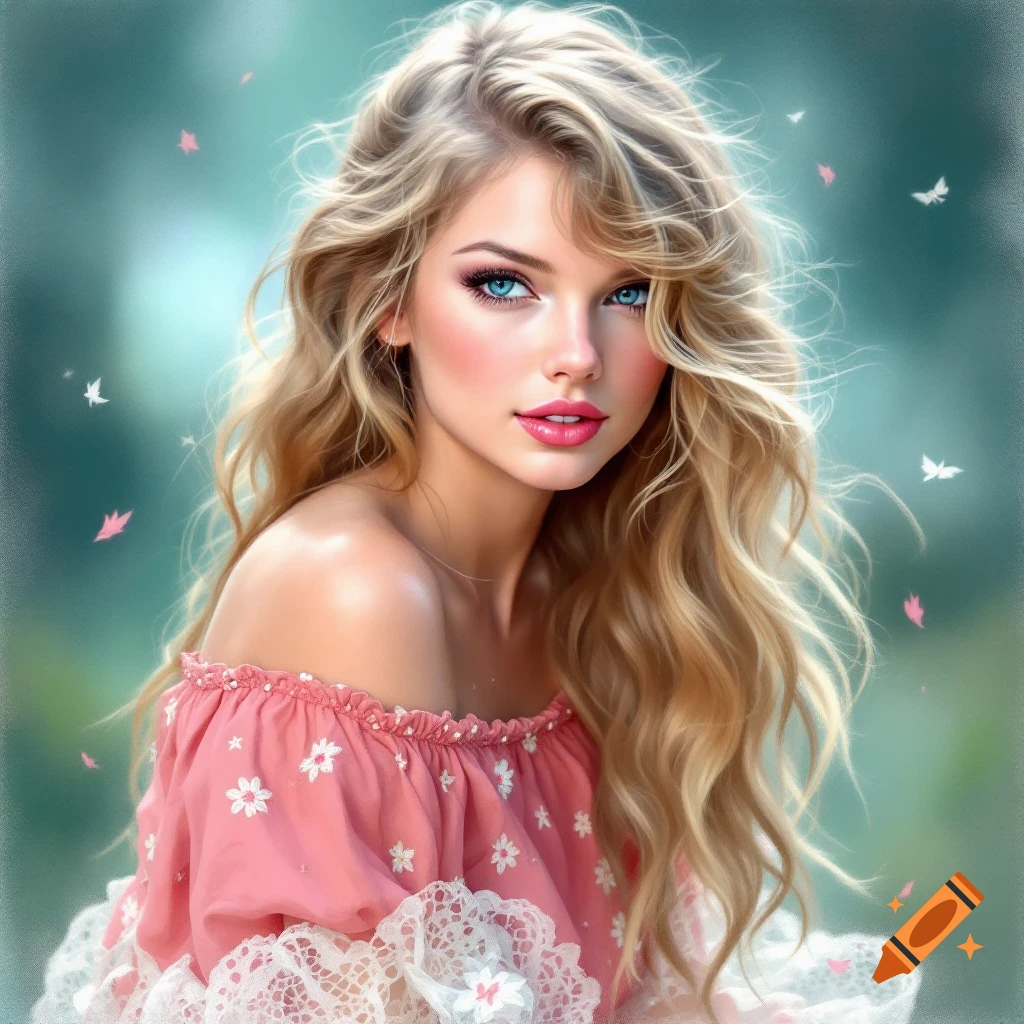 Portrait of a young woman with long blonde hair, blue eyes, and a pink off-the-shoulder dress.