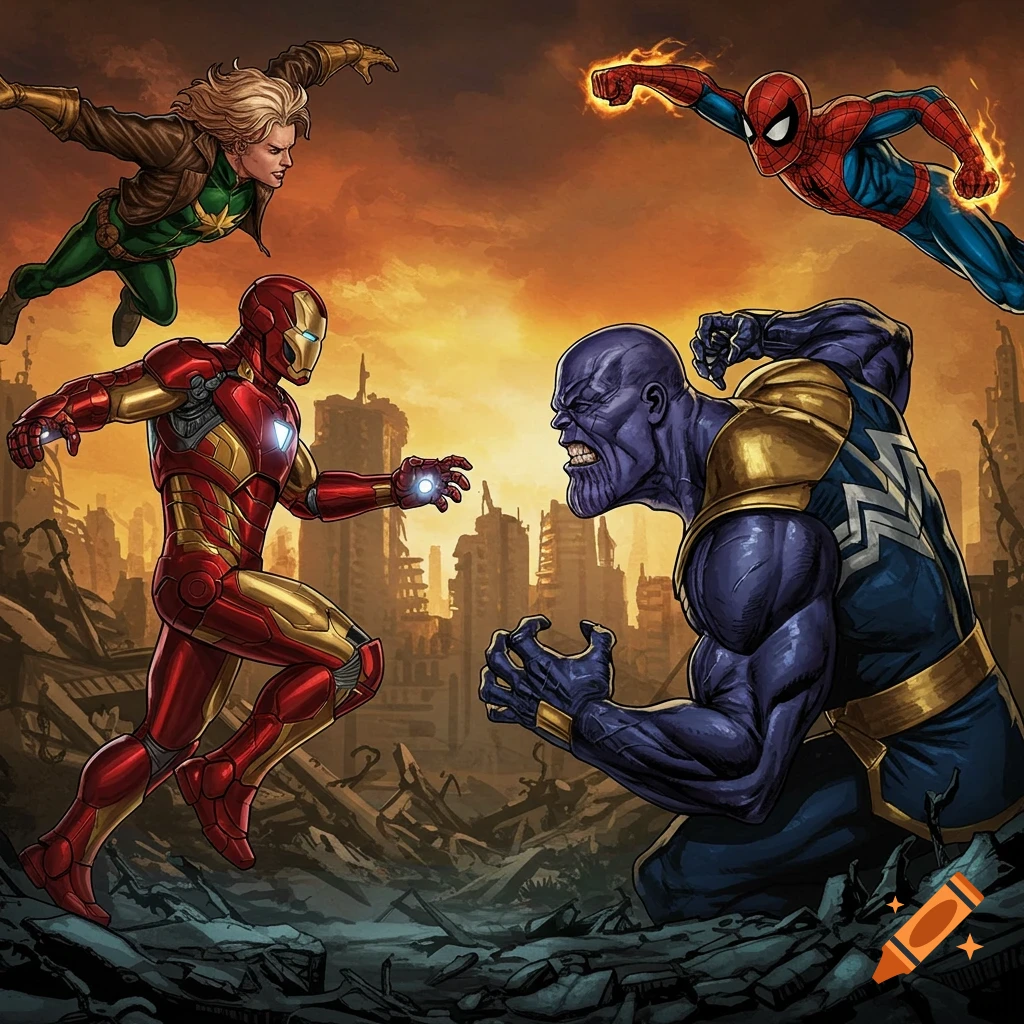 Marvel characters Iron Man, Captain Marvel, Spider-Man, and Thanos fighting in ruined city at sunset, digital art