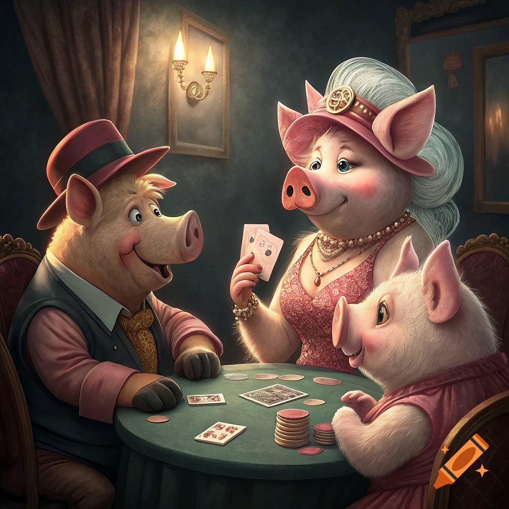 Three anthropomorphic pigs, dressed in clothes, play poker at a table in a dimly lit room.