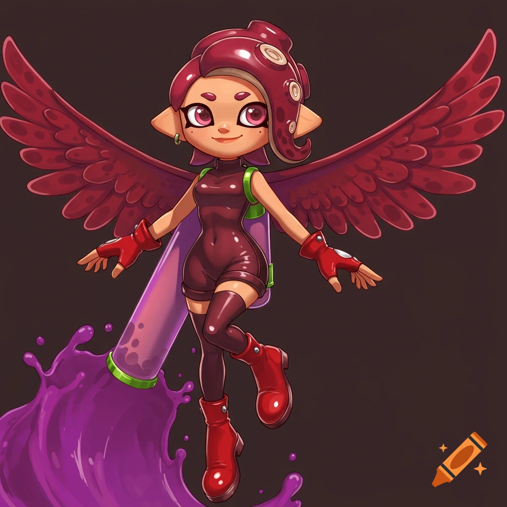 Octoling character with red wings flying and trailing purple ink, illustration style