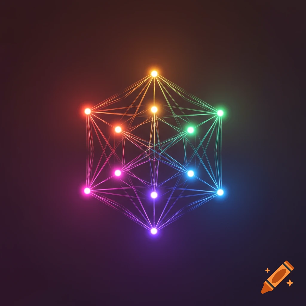 Abstract geometric structure with colorful glowing points and connecting lines on a dark background