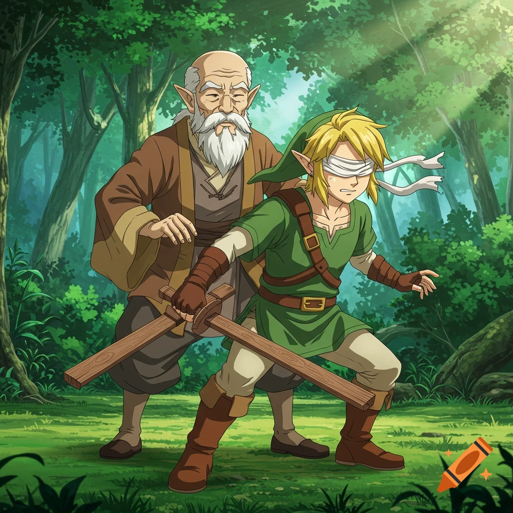 Blindfolded Link practices sword fighting with an old man in a forest, anime style.