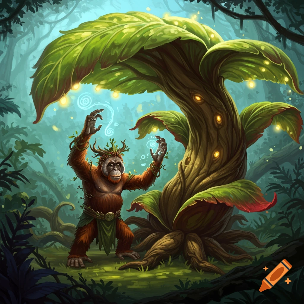 An orangutan druid taming a giant glowing plant in a forest
