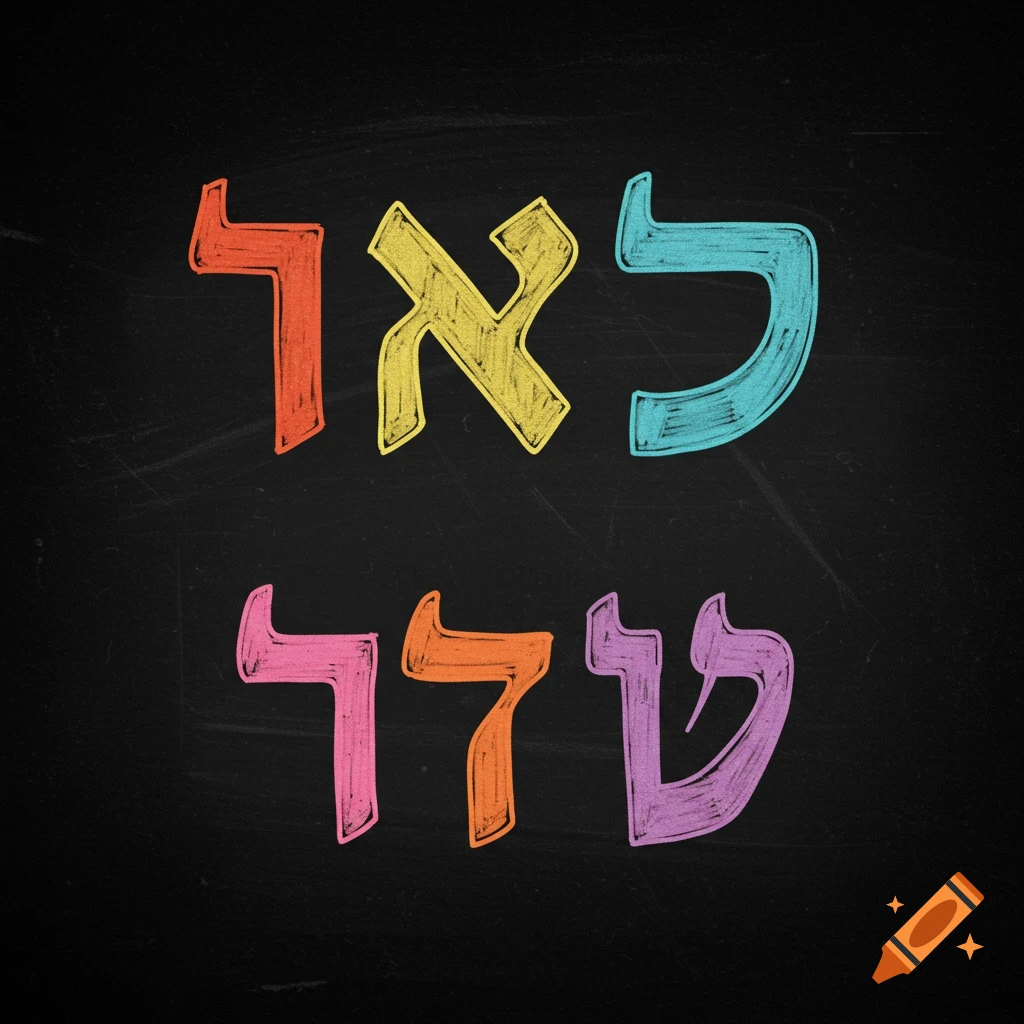 Colorful Hebrew letters on a black chalkboard.