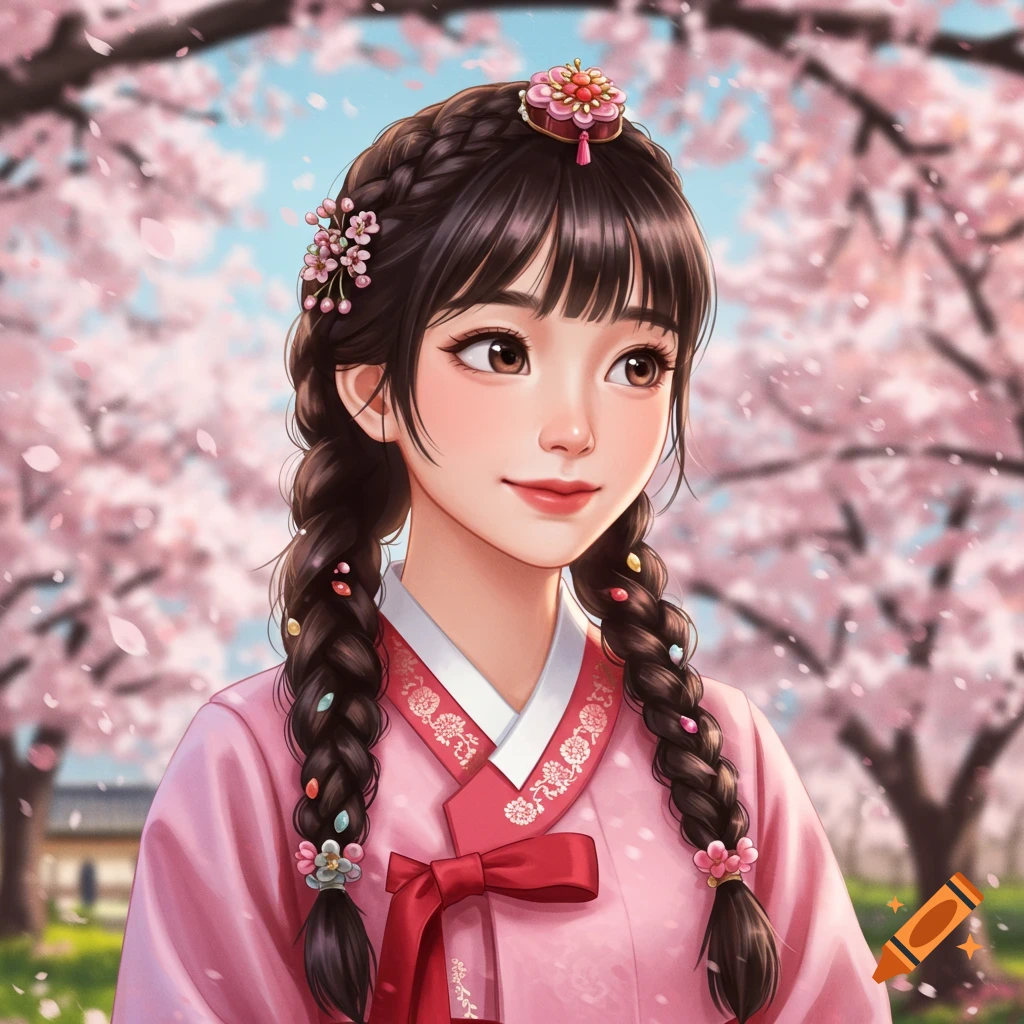 A young Asian girl in pink traditional clothing with braided hair stands among cherry blossoms.
