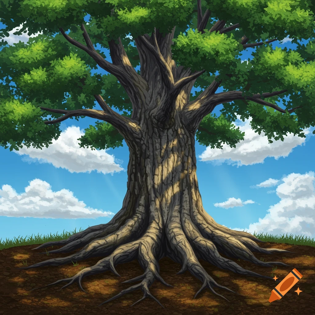 A large tree with exposed roots against a blue sky with clouds.