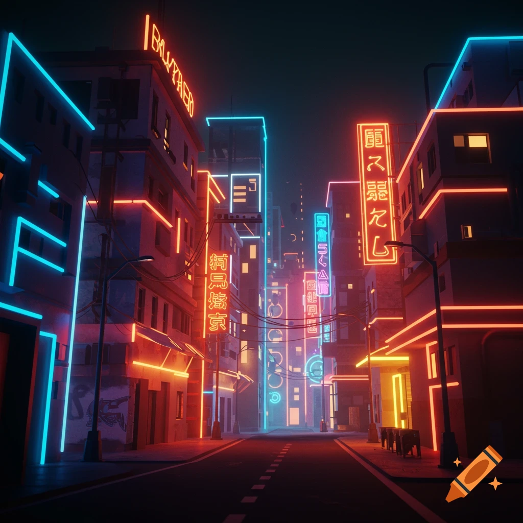 3D render of a futuristic cityscape at night filled with bright red and blue neon lights