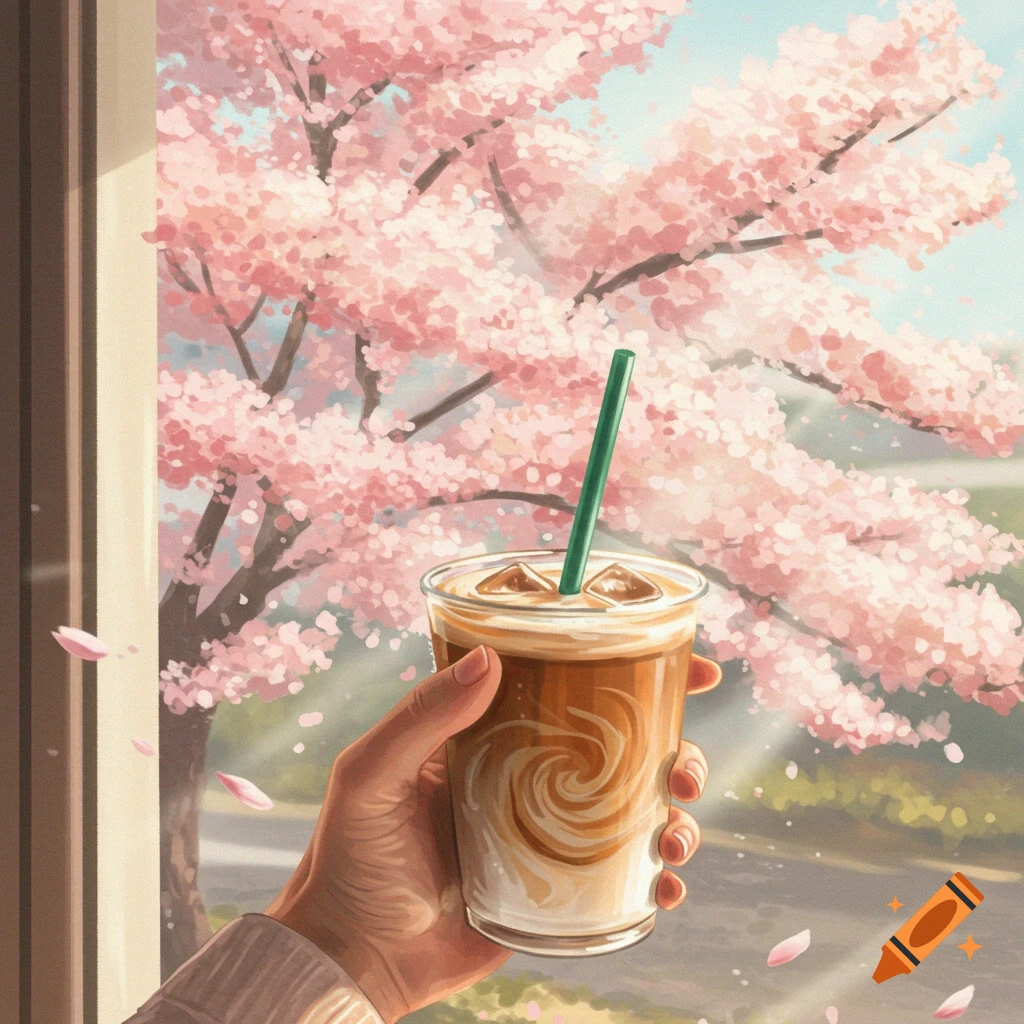 A hand holds an iced coffee by a window looking out at a blooming cherry blossom tree.