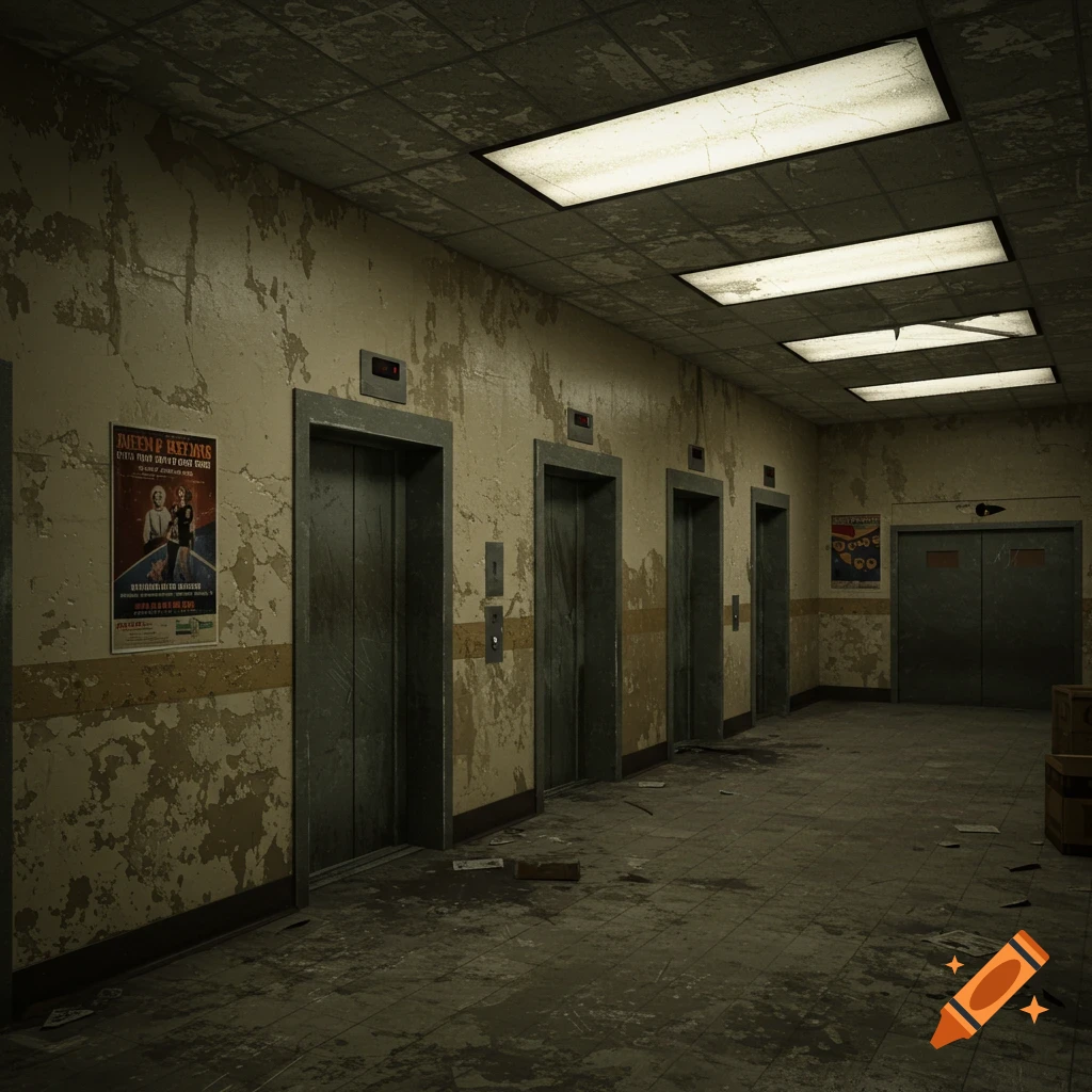 A rundown university elevator lobby with multiple elevators and rectangular ceiling lights.