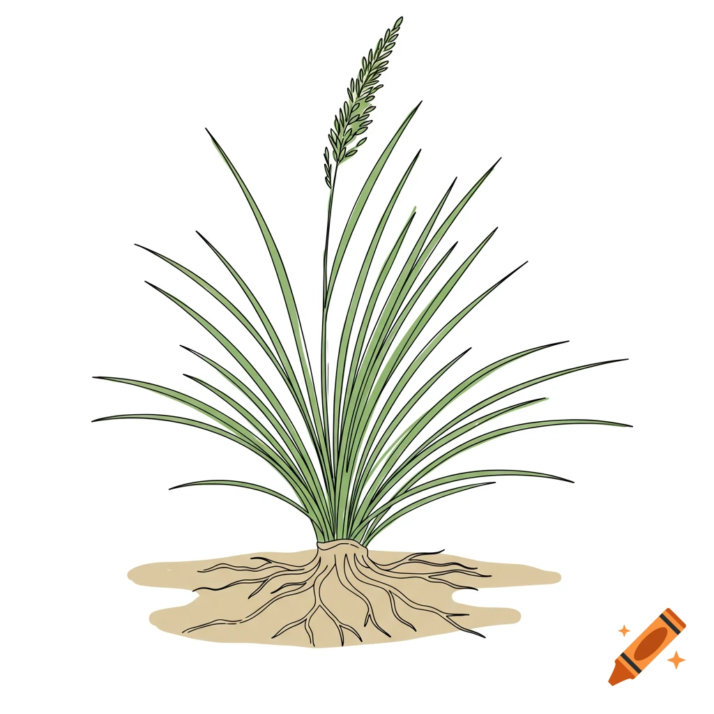 Simple drawing of a grass plant with roots exposed in the soil.