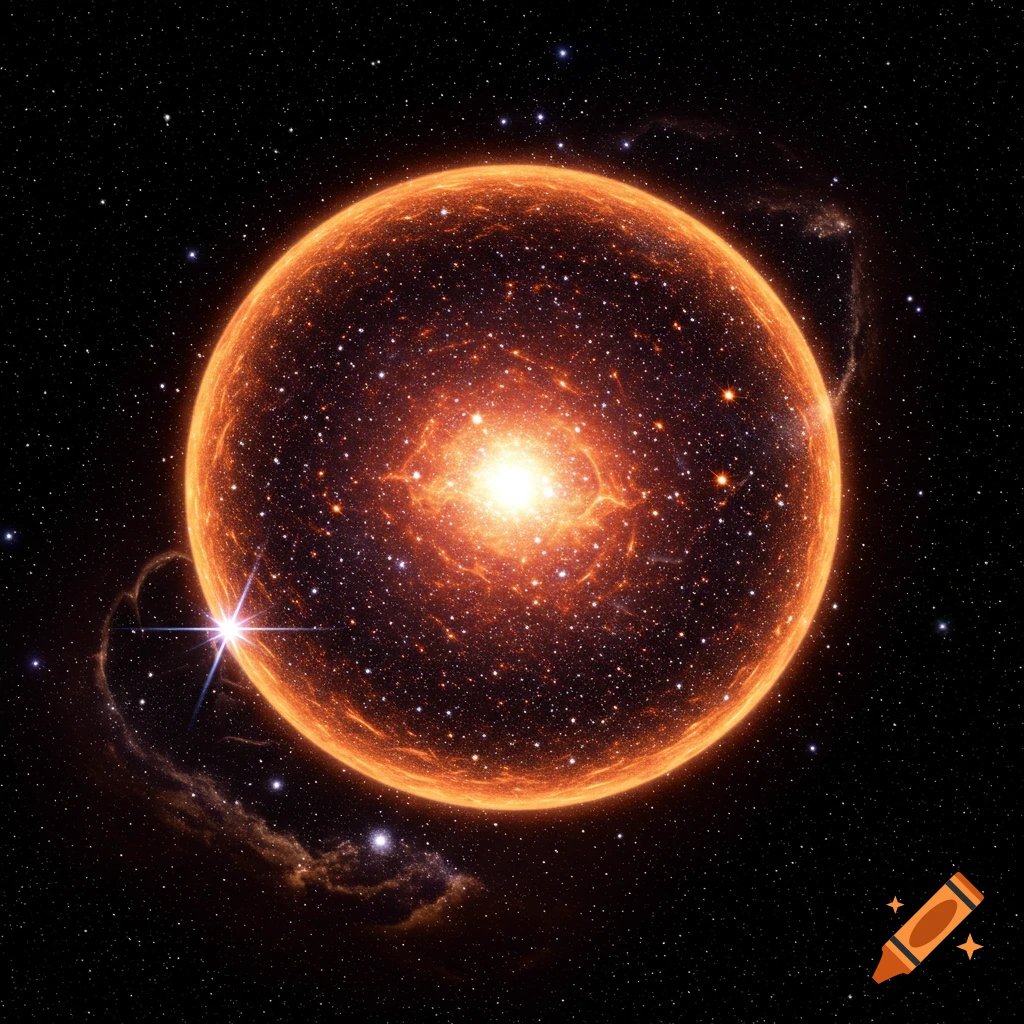 A glowing orange star and nebulous gas in space.