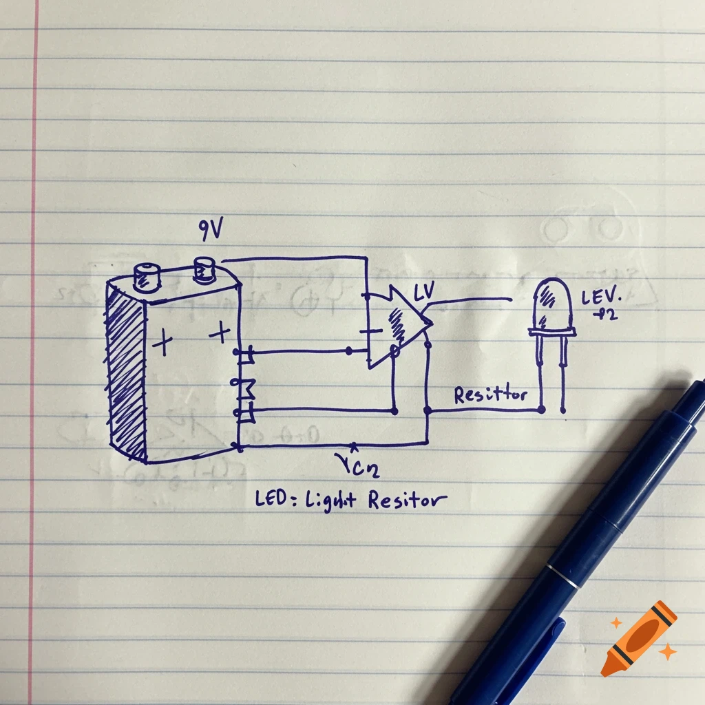Hand-drawn electronic circuit diagram on lined paper with a pen.