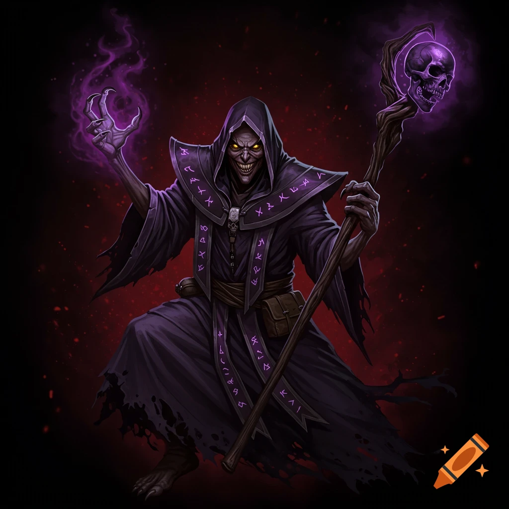 An evil wizard in a dark hooded robe with runes, casting purple energy and holding a skull staff.