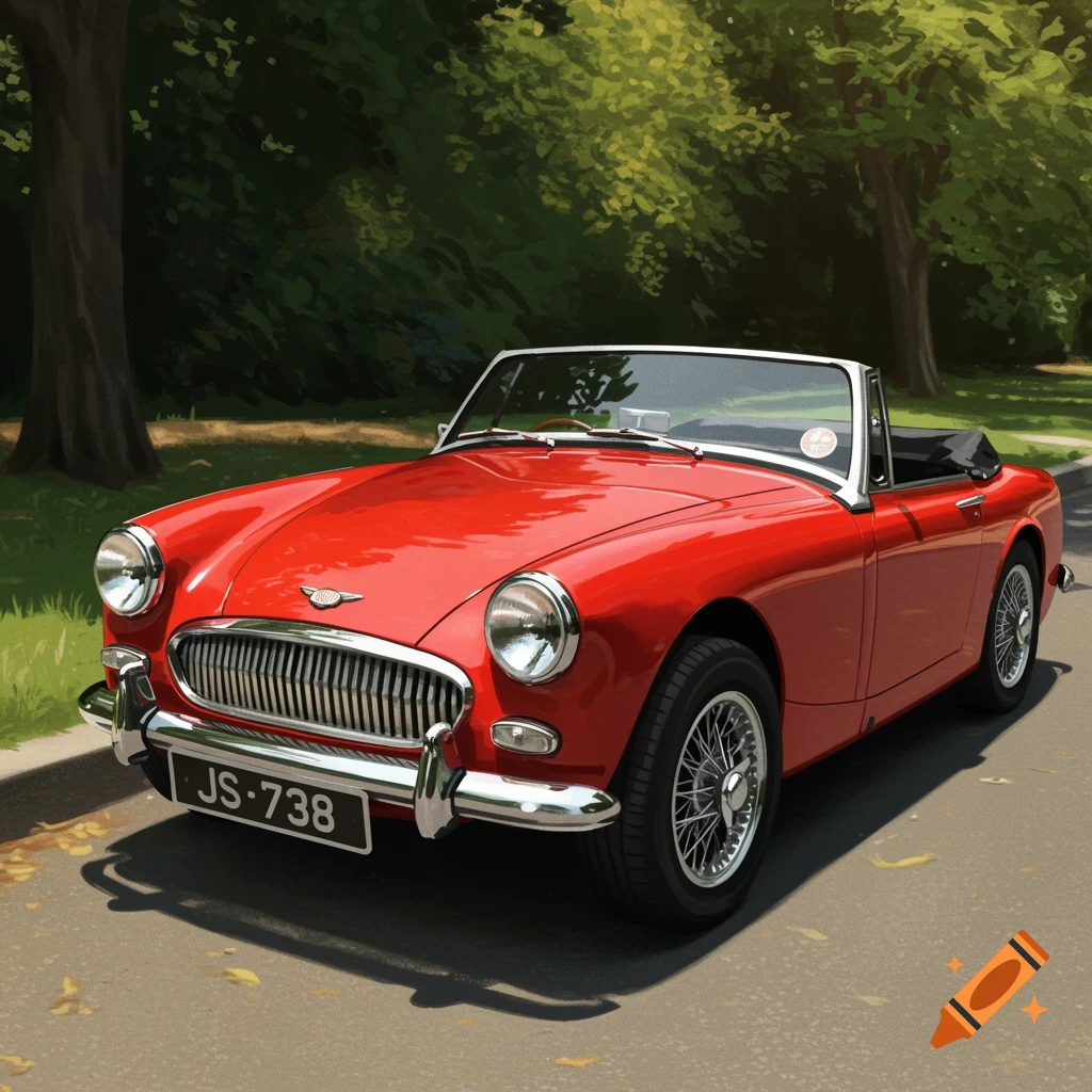 A red classic convertible car is parked on a tree-lined street.