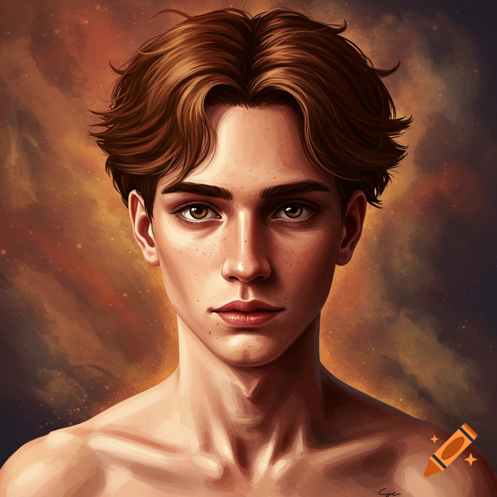 Portrait of a young man with brown hair and freckles against a warm, painterly background.