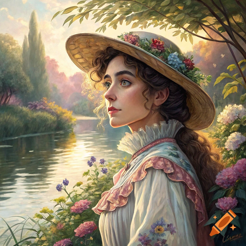 A woman in a wide-brimmed hat with flowers stands by a river in a lush garden, painted in an impressionist style.