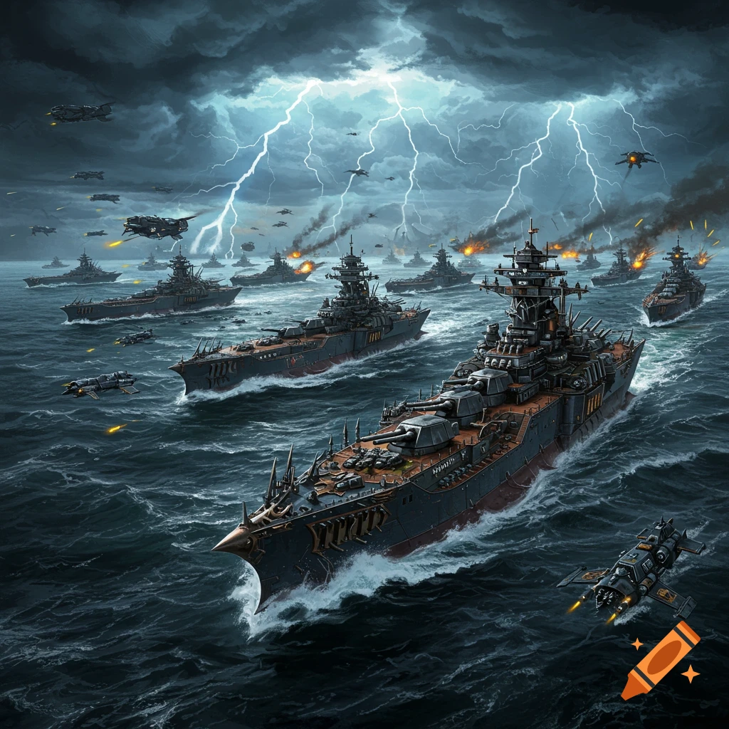 A large naval fleet sailing through a stormy ocean under lightning strikes.