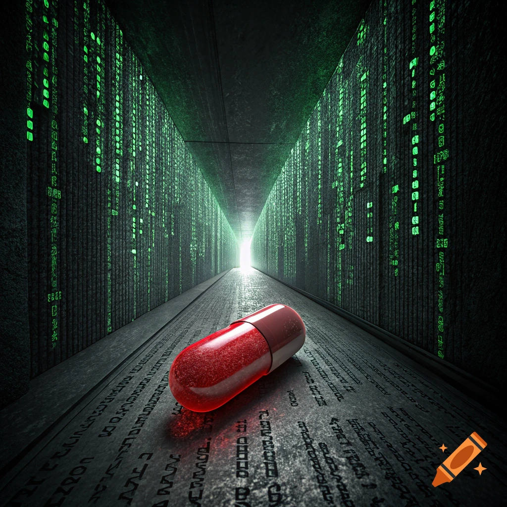A red pill lies on a digital floor in a corridor with walls covered in green code, like the Matrix movie.