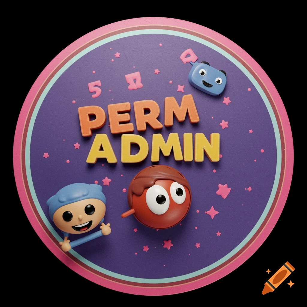 Circular logo with PERM ADMIN text and cartoon characters