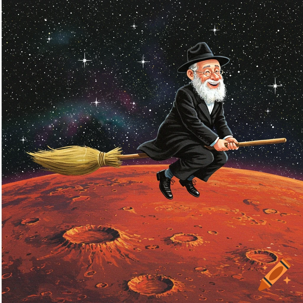 Illustration of a smiling man in a hat riding a broomstick over the red surface of Mars under a starry sky.