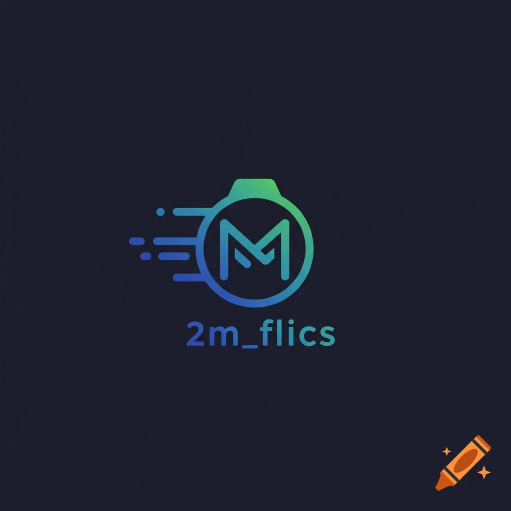 A logo for a photography company featuring a stylized camera icon with a blue and green gradient 'M' inside, and the text '2m_flics'.