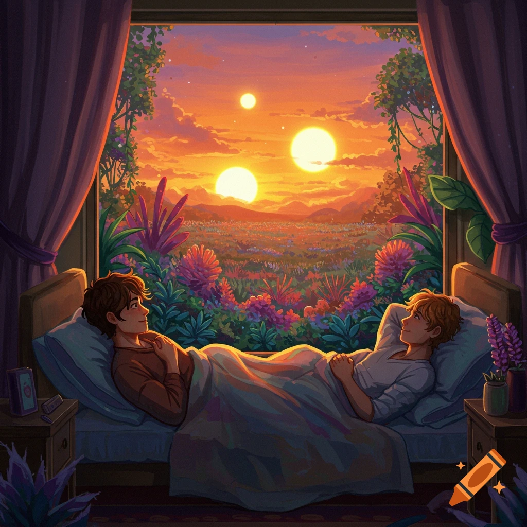 Two young men in bed looking out a window at a fantasy landscape with multiple suns at sunset.