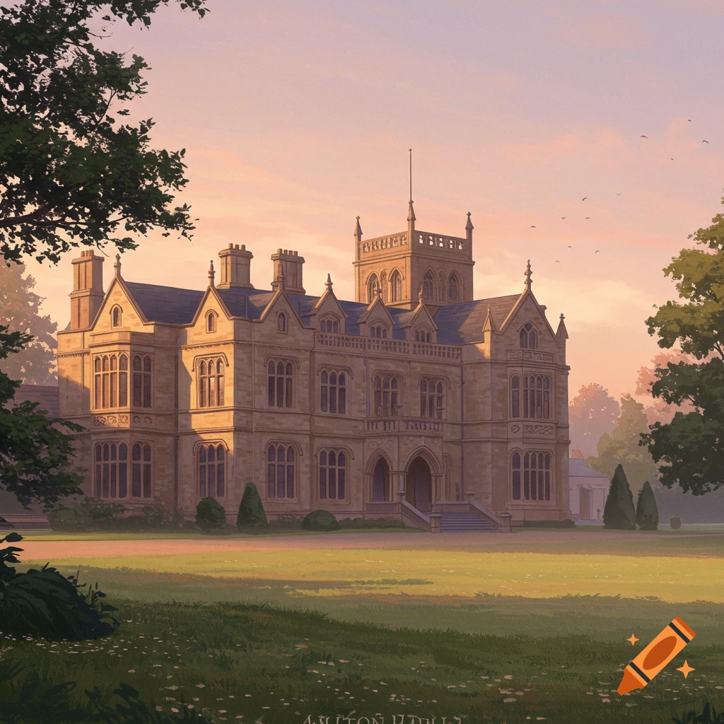A grand stone mansion is surrounded by gardens at sunset.