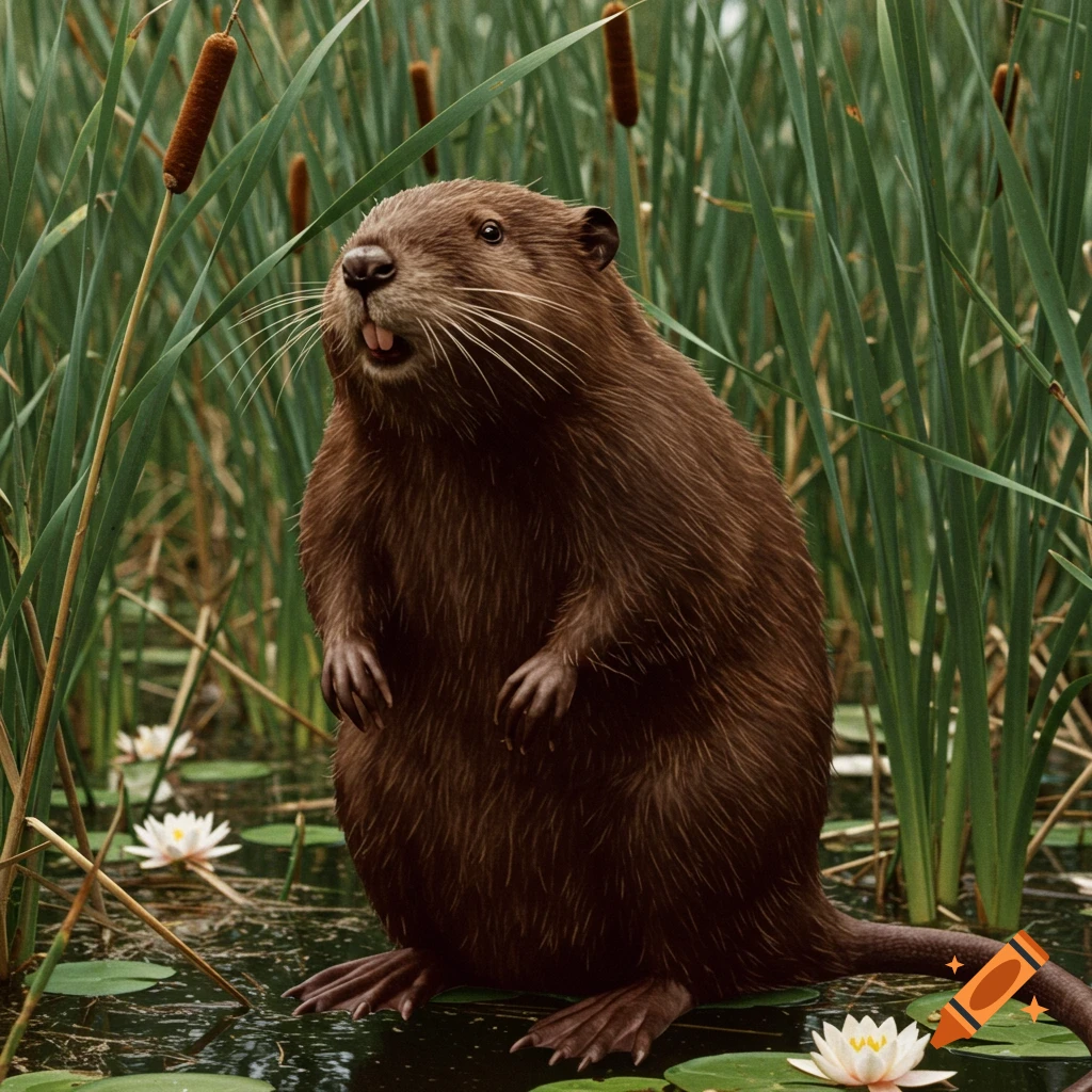 A beaver stands in shallow water among reeds and water lilies. Photorealistic.
