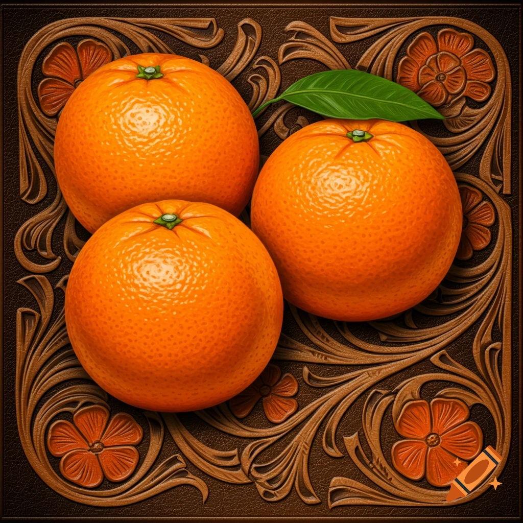 Three oranges on a brown background with embossed leather tooling patterns