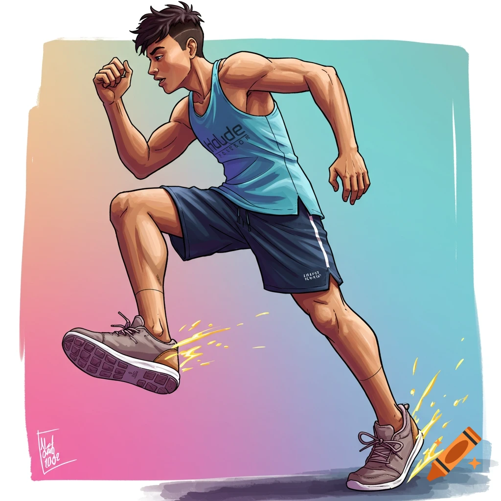 A stylized illustration of a man running in gym clothes and shoes against a gradient background.