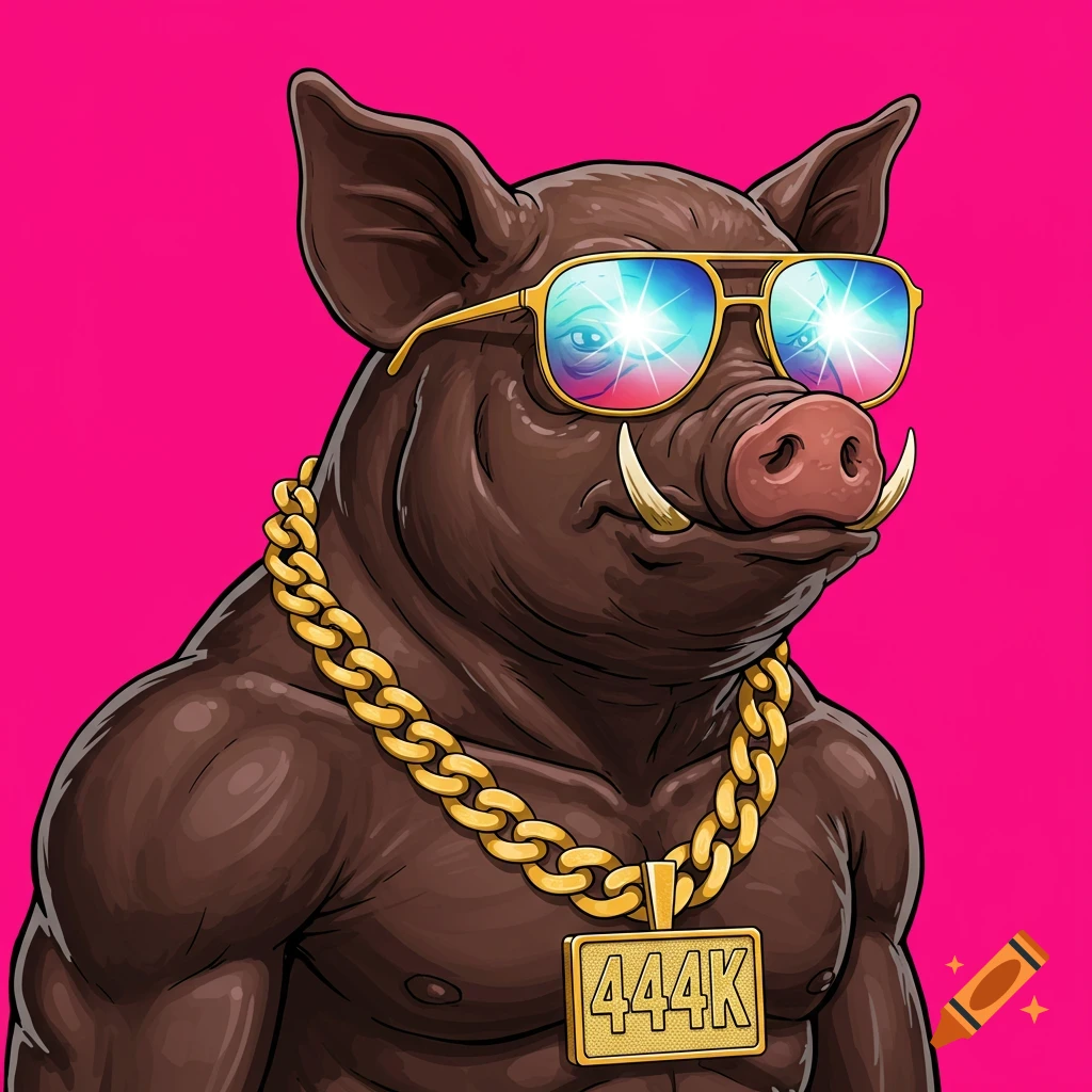 A muscular pig is wearing sunglasses and a gold chain with '444K' pendant against a pink background.