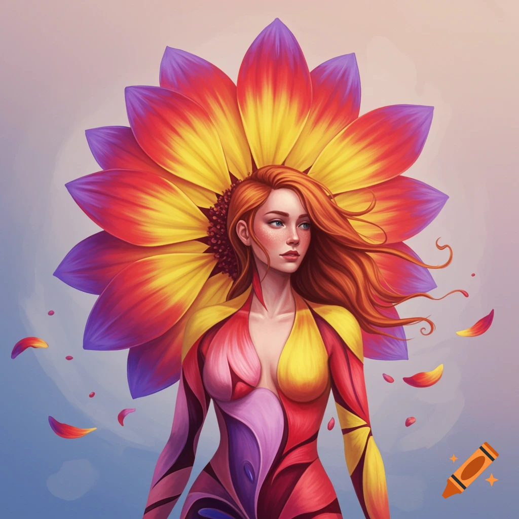 Surreal image of a woman merging with a colorful flower.