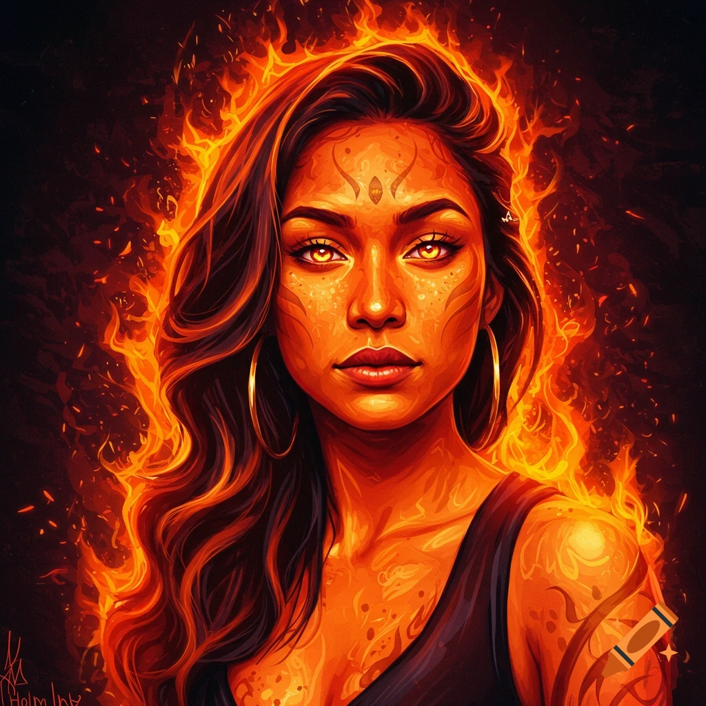 A woman with fire surrounding her head and shoulders, wearing a dark tank top.
