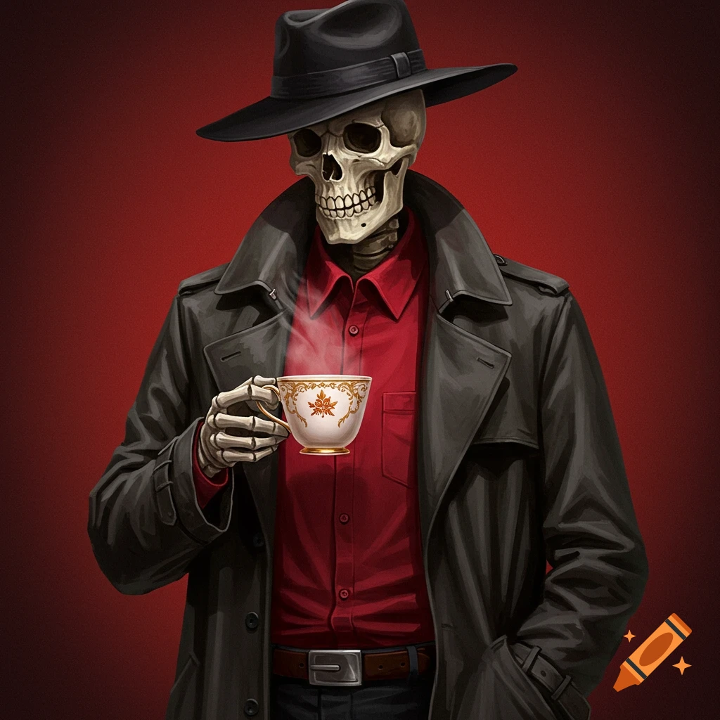 a skeleton in a trench coat and fedora holding a steaming teacup against a red background.