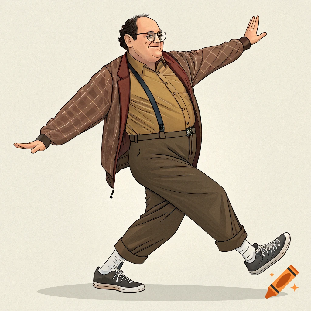 Stylized illustration of a man in a brown jacket and pants dancing or posing.