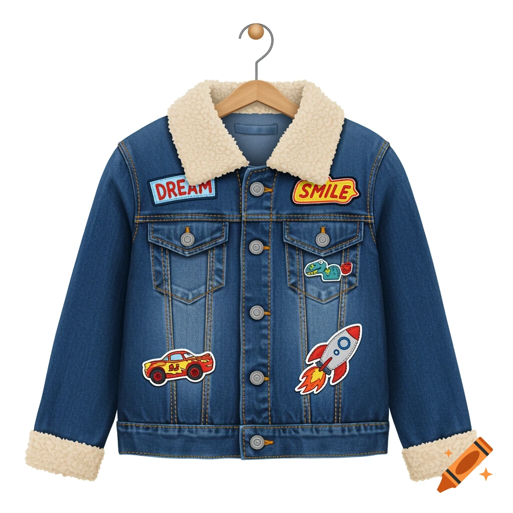 Children's denim jacket with fuzzy collar and patches of a car, rocket, dinosaur, and words DREAM and SMILE.
