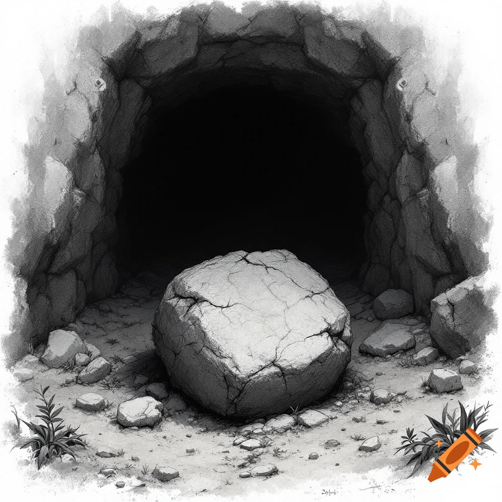 Sketch of an empty cave entrance with a large stone rolled away.