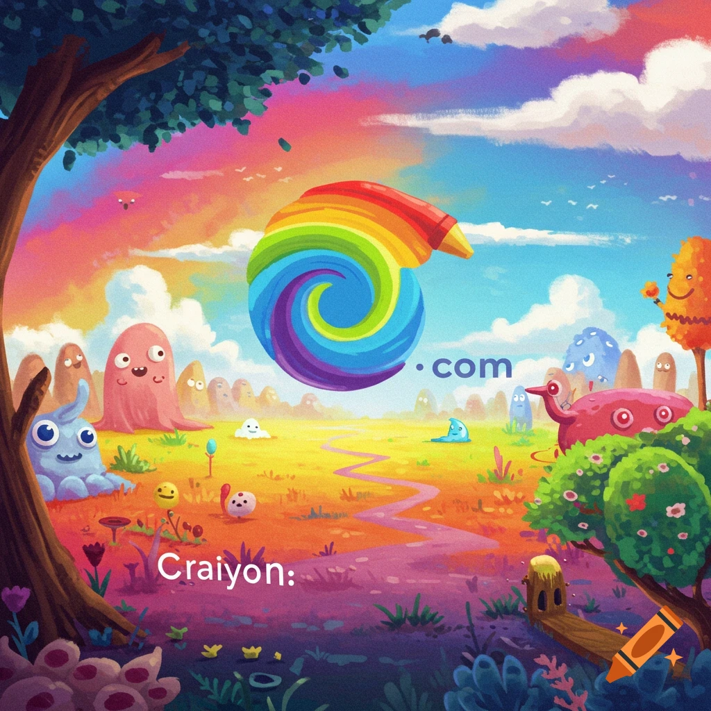 Colorful fantasy landscape with blob creatures and a rainbow swirl logo.