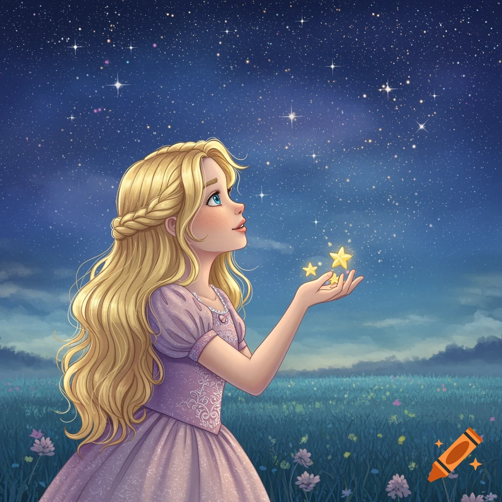 A young girl holds stars in a moonlit field under a starry night sky.